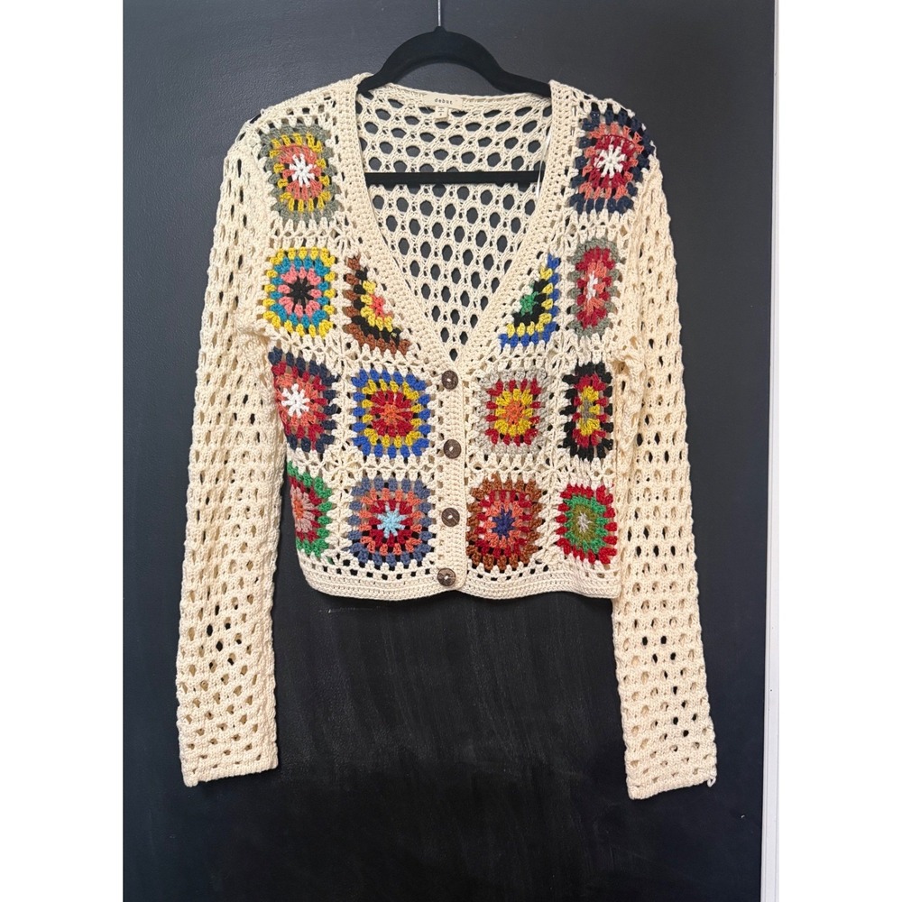 Debut Crochet Cardigan Women Small Cream Multi Granny Square Excellent Boho